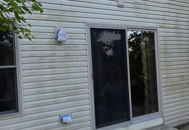Vinyl siding and patio door soft washed clean — before